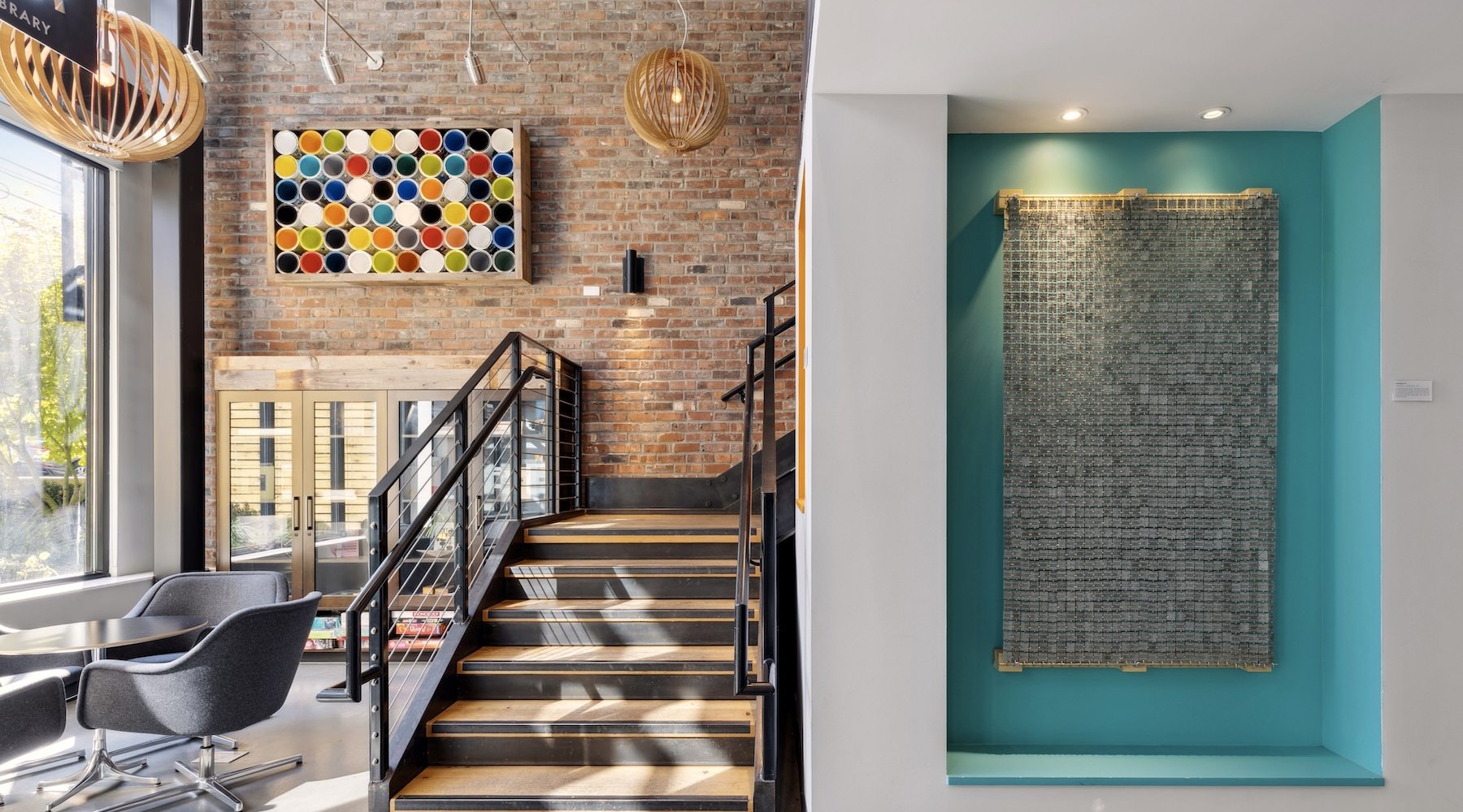 lobby with staircase and chairs