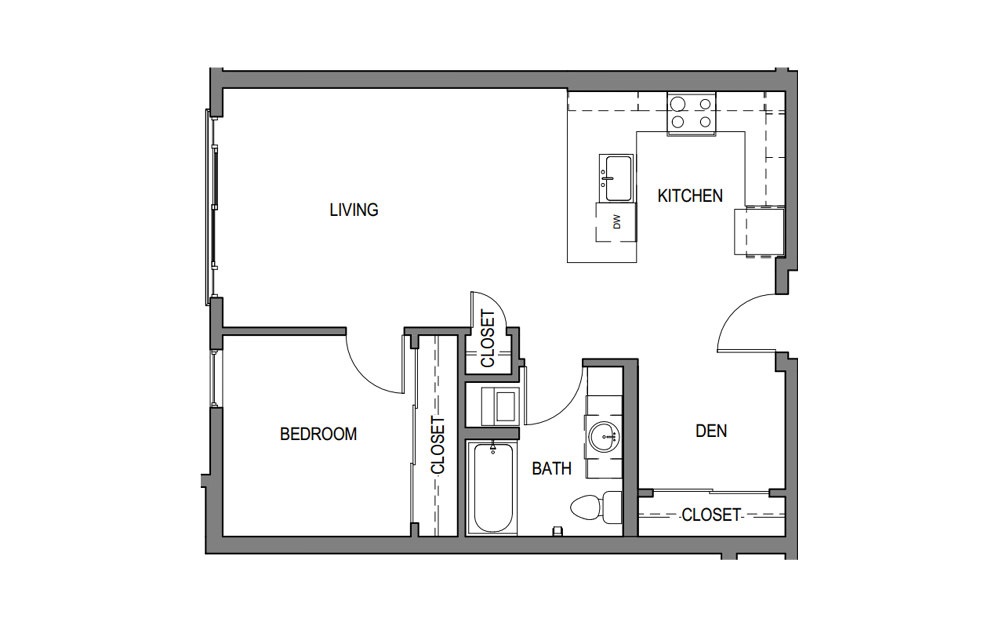 1x1 + Den E4 - 1 bedroom floorplan layout with 1 bath and 752 square feet. 1x1 + Den E4 - 1 bedroom floorplan layout with 1 bath and 752 square feet.