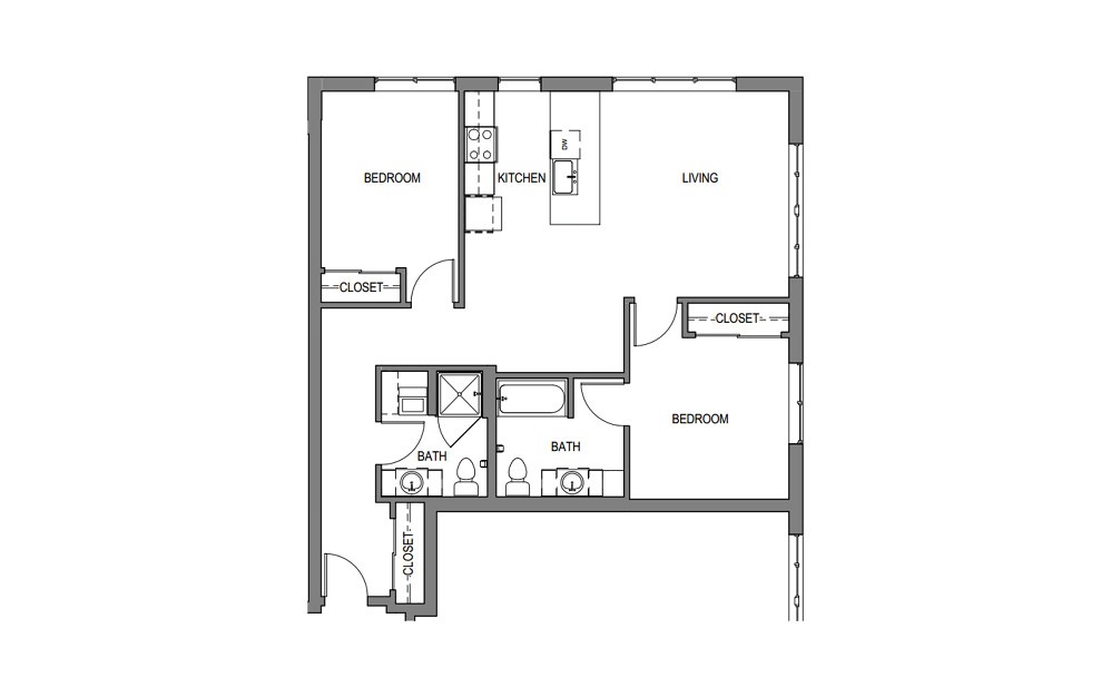 2x2 F1 - 2 bedroom floorplan layout with 2 baths and 1084 square feet.