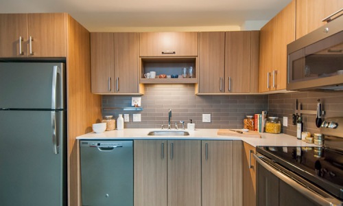 kitchen with ample counter-space, modern appliances and bright lighting